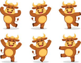 Fototapeta premium Happy cartoon bull dancing cheerfully character illustration set cute brown cow mascot joyful animal design for children's book animation farm agriculture product advertising kids education content pl