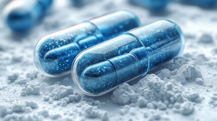 Two blue translucent capsules filled with sparkling material, resting on a powder surface
