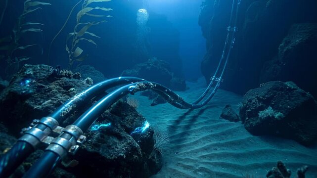 Underwater fiber optic communication cables laid along the ocean floor between rocky formations and deep sea marine life