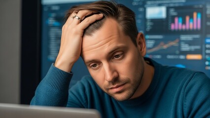 Stressed Business Analyst Staring at Financial Data on Computer Screen