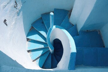 Bird's-eye view of a vibrant blue spiral staircase against a bright white wall