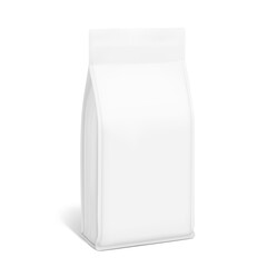 Vertical flat bottom gusset bag mockup for food, pet food, sport nutrition. Half side view. Vector illustration isolated on white background. Can be use for template your design. EPS10.