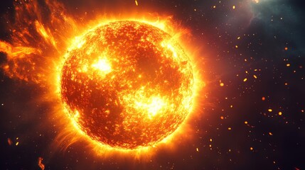 Fiery glowing Sun with plasma surface in cosmic galaxy space symbolizing astronomy, science, energy, heat fire stellar radiation cosmic explosion outer mystery bright universe, and astronomical power