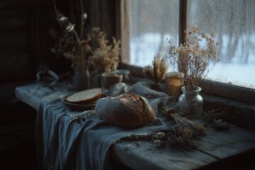 Still life of bread and dried flowers on a wooden table by a window in a rustic cabin during winter months