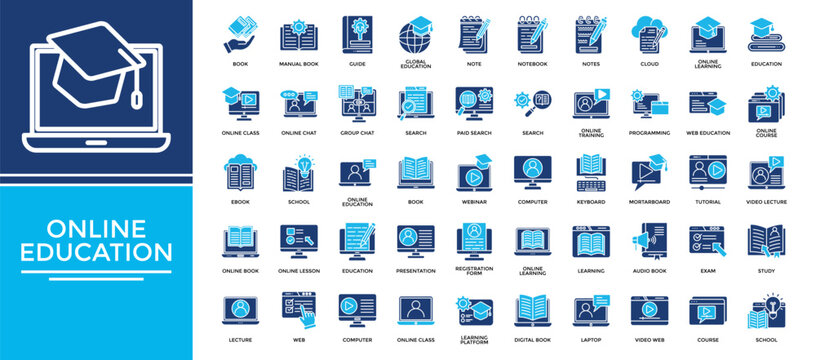 Online education icon set collection. Containing notes, teaching, lecture, lesson, write, exam, report .Solid vector icons collection