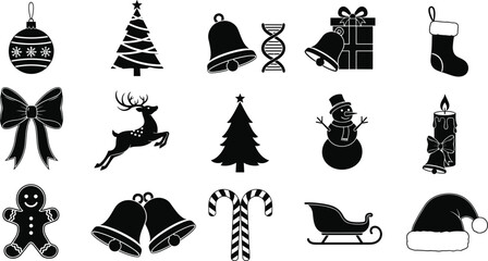 Christmas holiday icon silhouette set featuring tree bell gift snowman reindeer candle sleigh winter black vector illustration collection design elements © Nusaiba's World