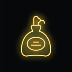 Obraz premium Yellow neon sign in the shape of a liquid soap dispenser glowing on a black background