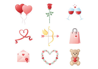 Valentine's Day Watercolor Icon Set with Hearts, Rose, Teddy Bear and More