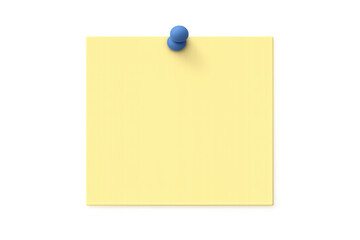 Yellow sticky note paper on transparent background, pinned by a blue thumbtack representing reminders and messages