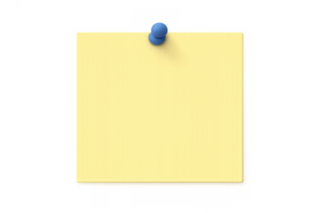Yellow sticky note paper on transparent background, pinned by a blue thumbtack representing reminders and messages