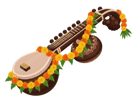 Traditional indian veena decorated with marigold garland, isolated on transparent background