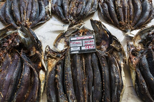 Dried fish, fish market, market hall Mercado dos Lavradores, Funchal, Madeira Island, Portugal