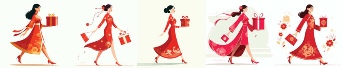 Obraz premium vector of woman walking carrying Chinese New Year gift