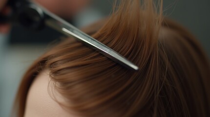Macro shot of hair scissors slicing cleanly through a section of glossy hair, frozen in motion to highlight sharpness, accuracy, and salon-quality tools. cinematic color correction