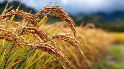 Golden ripe rice plants in a field ready for harvest under a cloudy sky, symbolizing agriculture, food production and rural farming landscape.