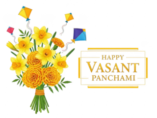 Happy vasant panchami celebration with yellow flowers and kites, isolated on transparent background