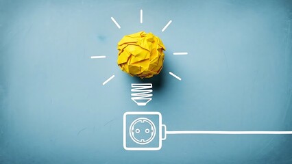 Creative concept illustrating a bright yellow crumpled paper ball symbolizing an activated electric light bulb idea connected to a wall socket