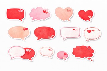 Valentines Day watercolor speech bubbles set with copy space, romantic love stickers isolated on white background