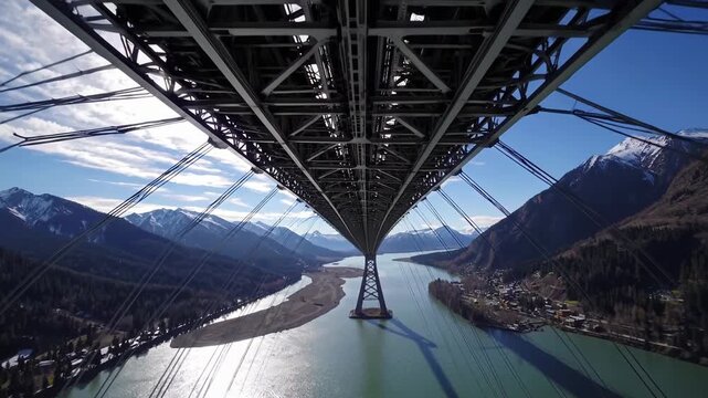 Drone over mountain river scene, Cinematic flight capturing mountain river bridge details, Aerial perspective revealing symmetries and structural intricacies of bridge over snowy mountain