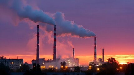 Industrial smokestacks emit smoke against a vibrant purple and orange sunset sky illuminating the factory complex