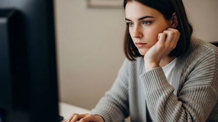 Young Woman Engrossed in Computer Work with Contemplative Expression