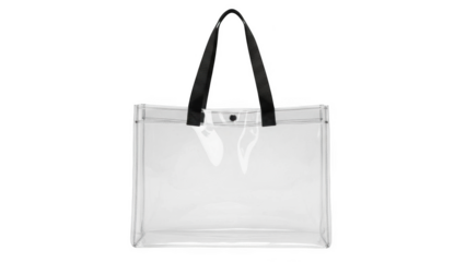 Clear transparent tote bag with black handles on black background plastic