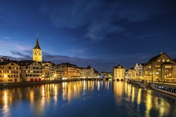 Old Town of Zurich with St. Peter's Church and Town Hall on the Limmat, dusk, Canton of Zurich, Sch