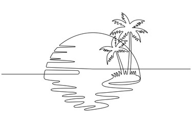 Sunset beach and cloud continuous one line drawing of minimalist outline vector design.