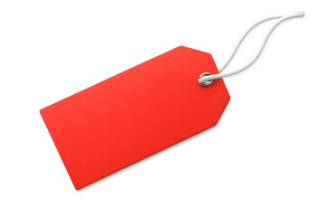 Red price tag blank label hanging with string, concept of sale, discount, commerce promotion, retail pricing