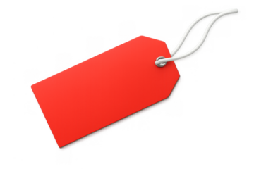 Red price tag blank label hanging with string, concept of sale, discount, commerce promotion, retail pricing