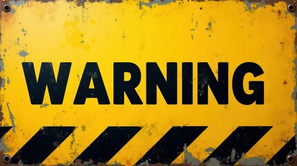 Yellow grunge &ldquo;WARNING&rdquo; text signboard with bold black hazard stripes and scratched metal texture, realistic caution banner template for safety poster, industrial notice, or attention alert design 