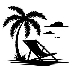 Beach Chair with Palm Tree Hand Drawn Silhouette Vector on White Background