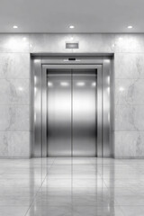 Closed modern elevator doors in a clean, marble-tiled building interior with soft ceiling lights and a symmetrical, minimalist architectural design.