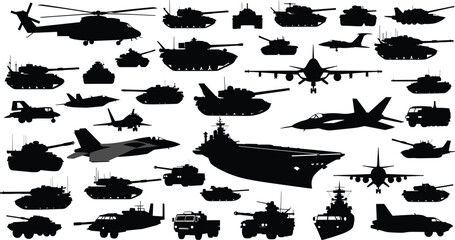 Modern military vehicle silhouettes set with tanks jets helicopters warships armored trucks aircraft carrier combat defense vector illustration © Nusaiba's World