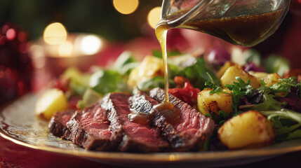 Close-up of juicy sliced steak being drizzled with sauce beside golden potatoes and fresh greens on a festive dinner plate with warm bokeh lighting.