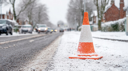 Traffic cone covered in snow on a suburban street during active snowfall, with blurred cars and houses in the background creating a wintery scene.