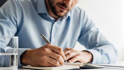 Businessman Writing Notes in Notebook at Desk