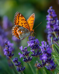 Obraz premium Orange Butterfly on Lavender: An orange and black butterfly gracefully perches upon a cluster of vibrant purple lavender, presenting a stunning contrast of colors and textures.