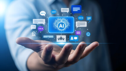 Futuristic Artificial Intelligence concept with digital data and technology icons floating above an open hand