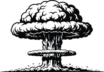 Atomic mushroom cloud explosion illustration, nuclear blast power concept, dramatic disaster symbol, black and white detailed vector artwork isolated