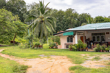 Thai single-story house with a covered patio, trees, abundant potted plants, and a lush garden...