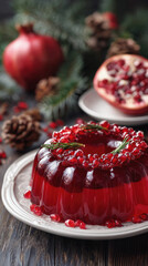 Festive pomegranate jelly dessert garnished with seeds and rosemary, styled on a plate with holiday decorations in a cozy winter setting.