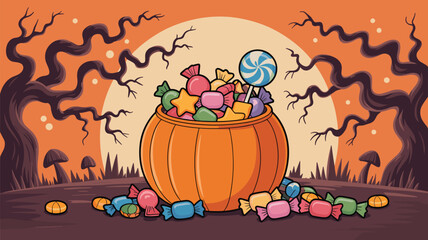 Halloween candy in pumpkin pail with spooky trees illustration under full moon for trick or treat holiday celebration seasonal event festive background graphic design template for party invitations an