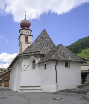 Parish Church of Saint Anthony with serpentine sundial, Schlinig, Mals, South Tyrol, Italy