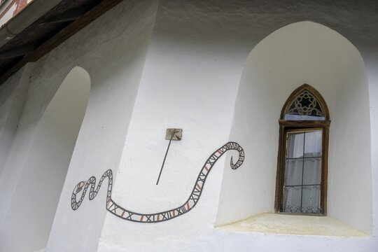 Parish Church of Saint Anthony with serpentine sundial, Schlinig, Mals, South Tyrol, Italy