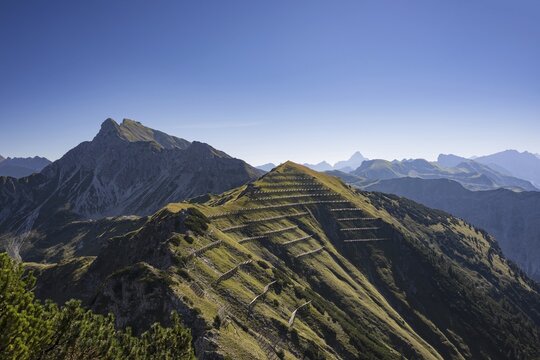 Avalanche barriers on the Gaisalphorn, 1953m, behind it the Nebelhorn, 2224m, Allg&auml;u Alps, Allg&auml;u, Bavaria, Germany