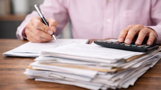 Close-up of man hands using a calculator over paper bills and documents, home financial management, budgeting and expense calculation concept.
