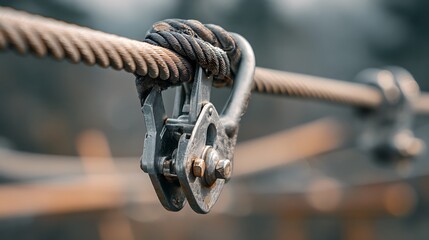 Close-up of a thick metal cable secured with a metallic clasp, showcasing rust & detail