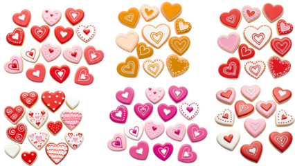 Grid of Heart Shaped Valentine’s Day Cookies with Pink, Red, and Gold Icing
