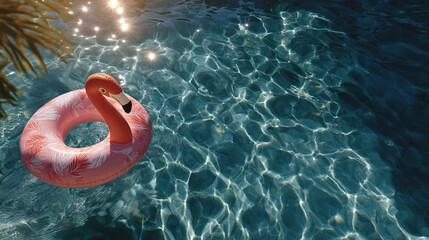 Poolside Paradise: A tranquil scene unfolds with a playful flamingo float serenely drifting in the crystal-clear waters of a shimmering pool, embracing the essence of summer relaxation.